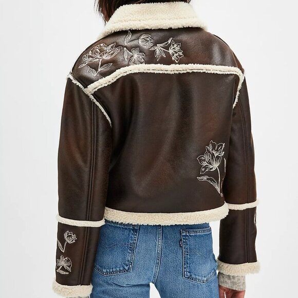 NWT$218 DRIFTWOOD Silas Faux Leather Shearling Floral Embroidery Brown Jacket XL - Picture 2 of 13